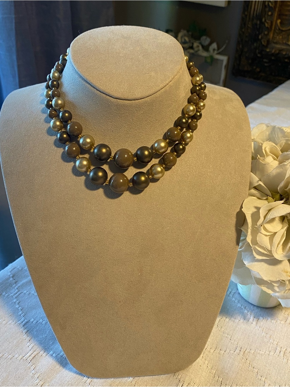 Double-Strand Brown faux Pearl Necklace-Japan